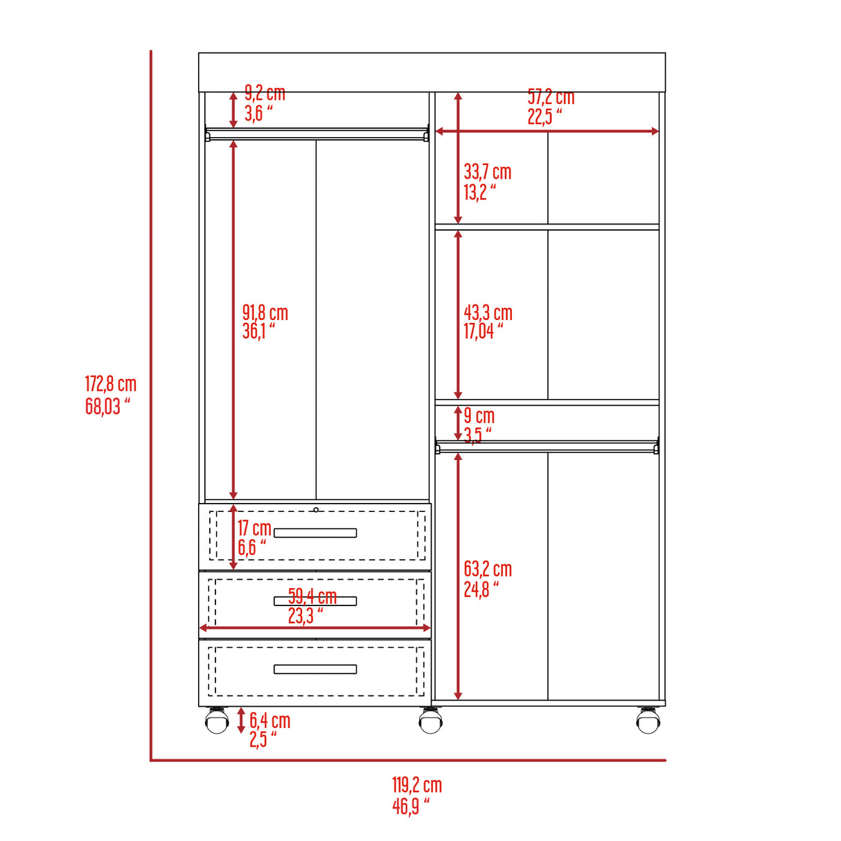 Hamilton Mobile Armoire, 4-Doors Cabinet, Three Drawers, Rods, Four Shelves, Black Wengue - Bedroom - sold by Home Elegance USA