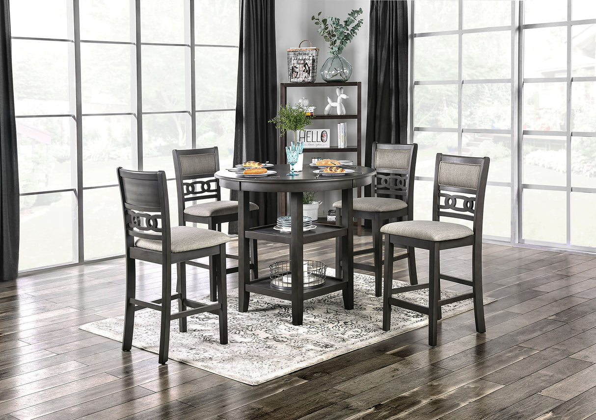 Transitional Style Gray Finish 5pc Counter Height Dining Table Set 1x Table 4x Chairs Round Table Open Shelves Padded Seat And Back