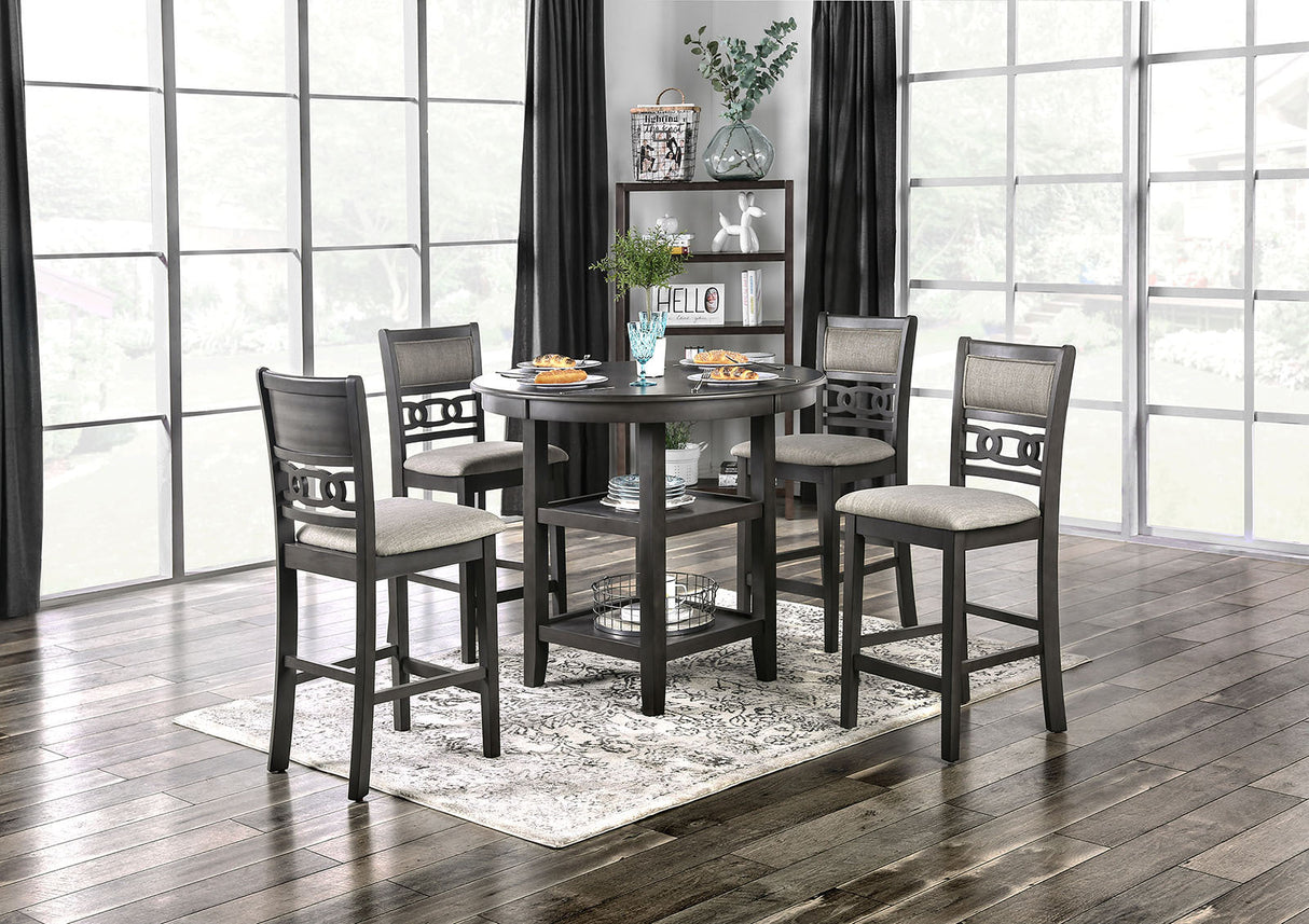 Transitional Style Gray Finish 5pc Counter Height Dining Table Set 1x Table 4x Chairs Round Table Open Shelves Padded Seat And Back - sold by Home Elegance USA
