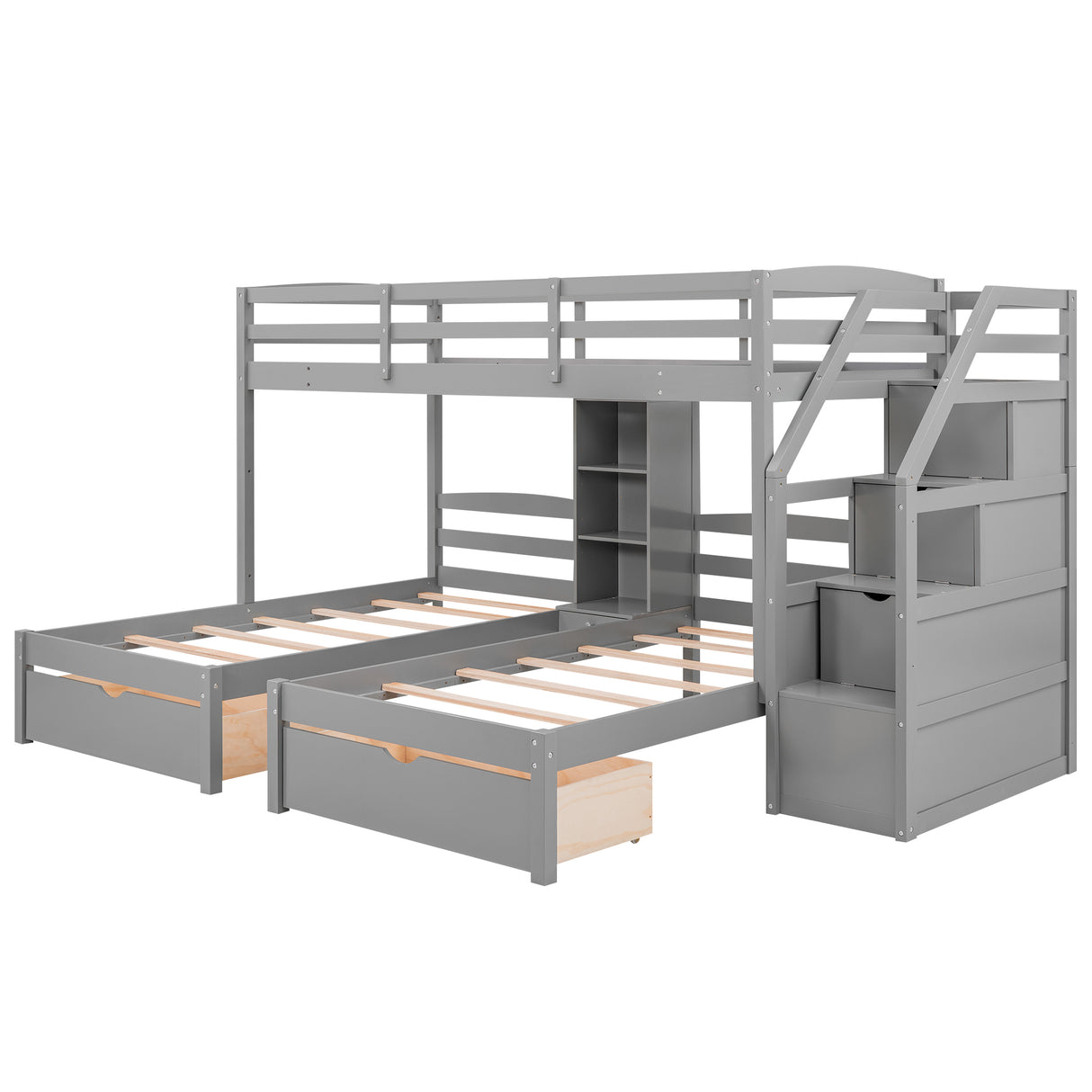 Gray Twin over Twin & Twin Bunk Bed with Drawers, Staircase Storage, Built-in Shelves, Pine Wood Frame, 115.3''L x 79.75''W x 64.4''H
