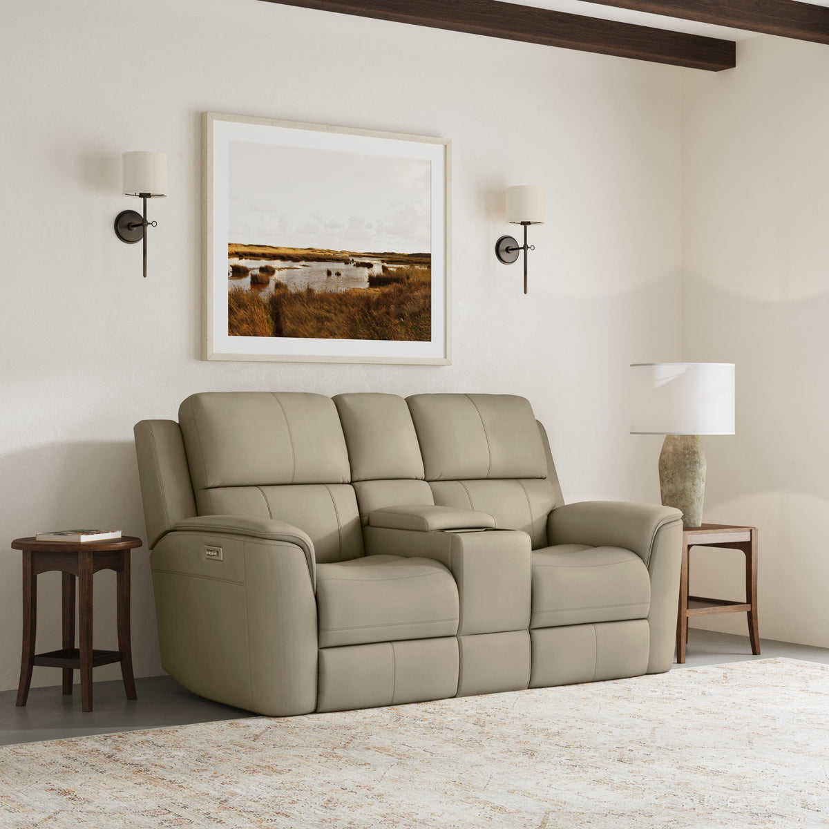 Henry Power Reclining Loveseat With Console & Power Headrests & Lumbar - Beige | Flexsteel