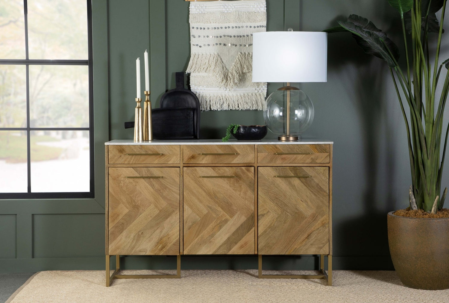 Keaton 3 - door Accent Cabinet with Marble Top Natural and Antique Gold | Coaster | Home Elegance USA