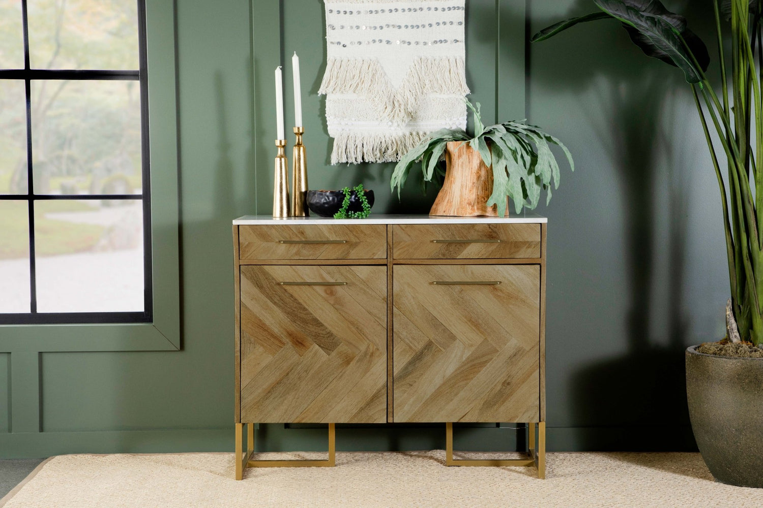 Keaton 2 - door Accent Cabinet with Marble Top Natural and Antique Gold | Coaster | Home Elegance USA