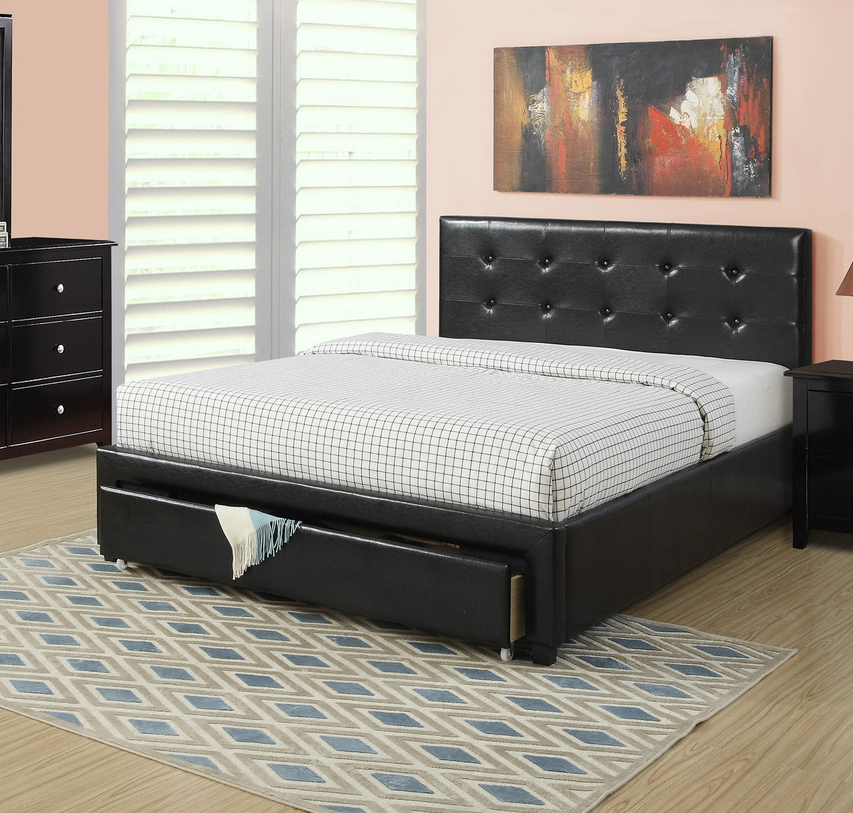 Bedroom Furniture Black Under Storage Bed FB 1pc Full Size Bed Faux Leather Upholstered Tufted Headboard