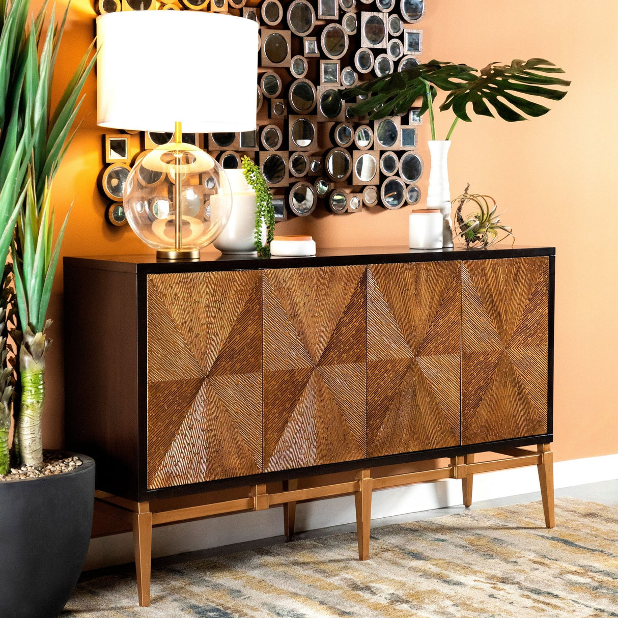 Accent Cabinet - Zira Sunburst 4-door Accent Cabinet Brown and Antique Gold