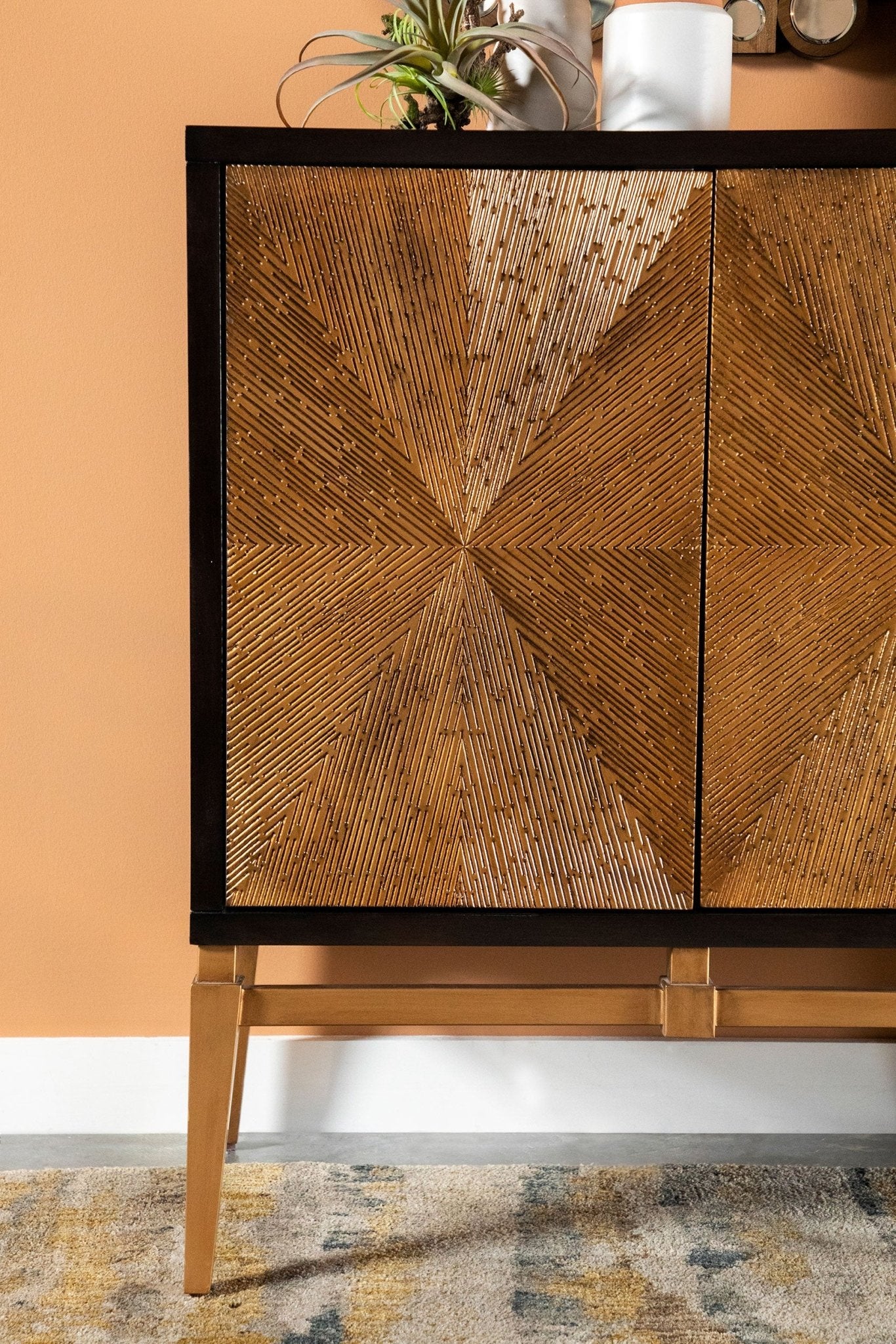 Accent Cabinet - Zira Sunburst 4-door Accent Cabinet Brown and Antique Gold