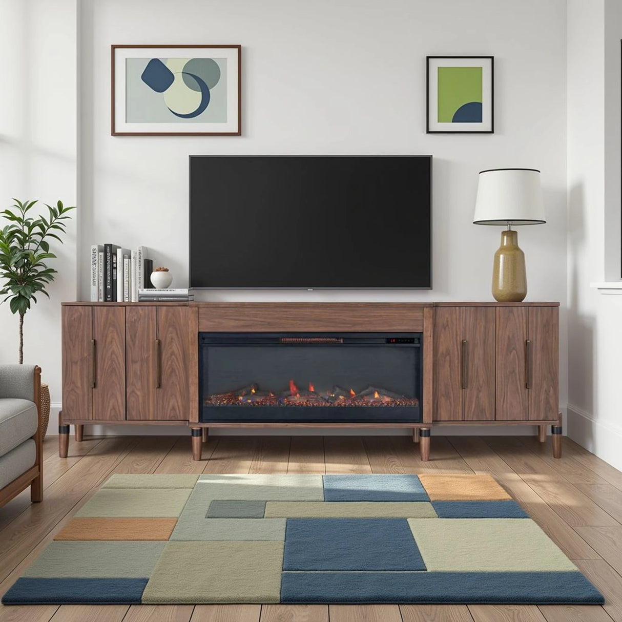 Tranquility 94 inch Fireplace TV Stand, for TVs up to 100 inches, Minimal Assembly, Walnut Finish - sold by Home Elegance USA