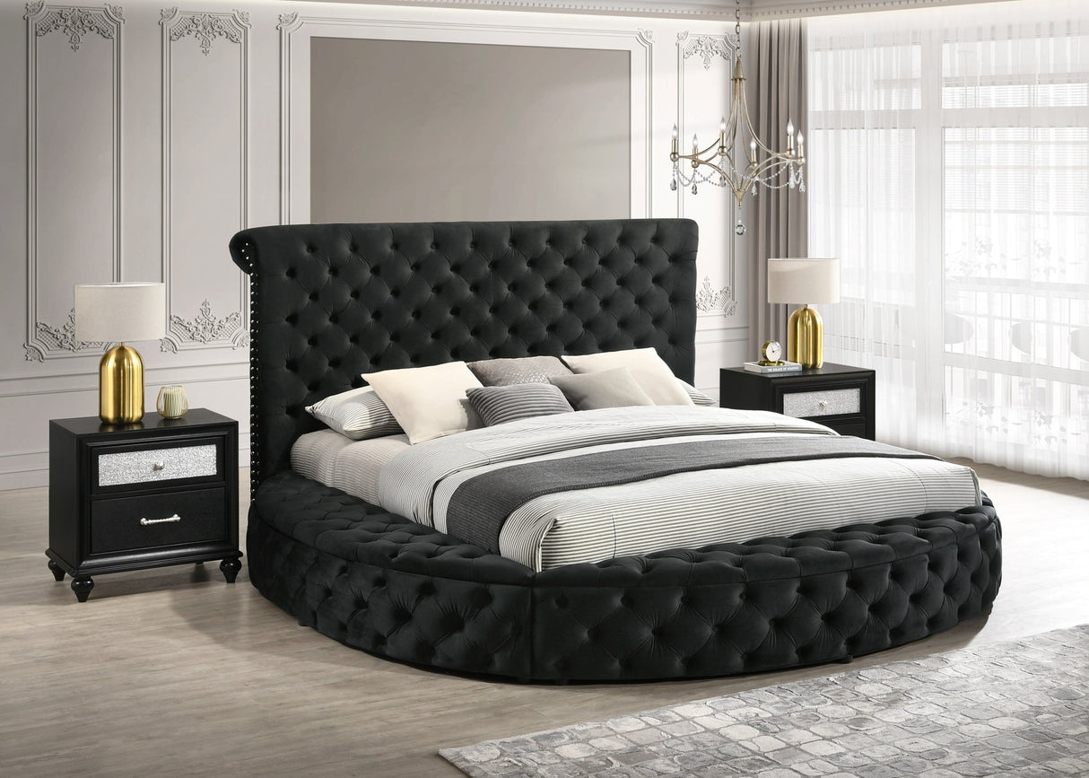 Unique Round Plush Black Velvet Button-Tufted Detailing Storage Bed Queen Size Black 2x Nightstands Wooden Bedroom Furniture 3pc Set - sold by Home Elegance USA