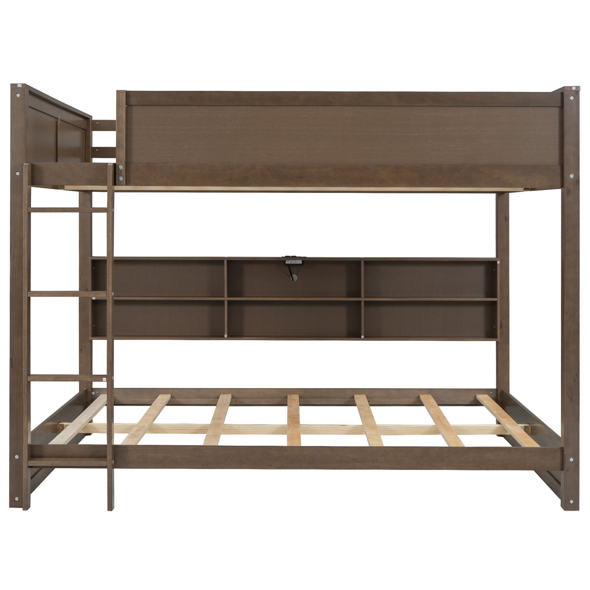 Queen over Queen Bunk Bed with Storage Cabinets and USB Ports in Antique Wood Color, Solid Pine Wood+MDF