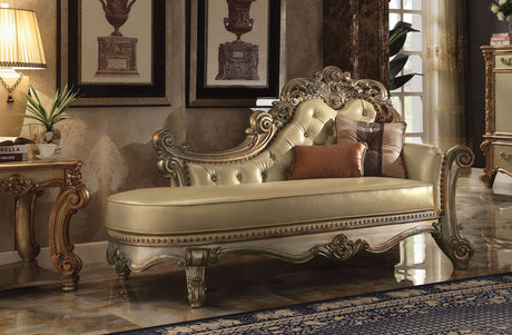 Acme - Vendome Chaise W/2 Pillows 96485 Bone Synthetic Leather & Gold Patina Finish