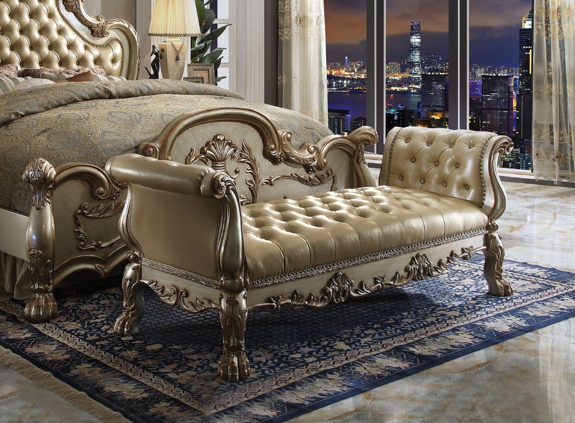 Acme - Dresden Bench 96488 Bone Synthetic Leather & Gold Patina Finish