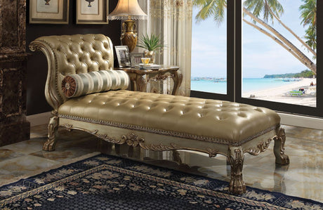 Acme - Dresden Chaise W/Pillow 96489 Bone Synthetic Leather & Gold Patina Finish