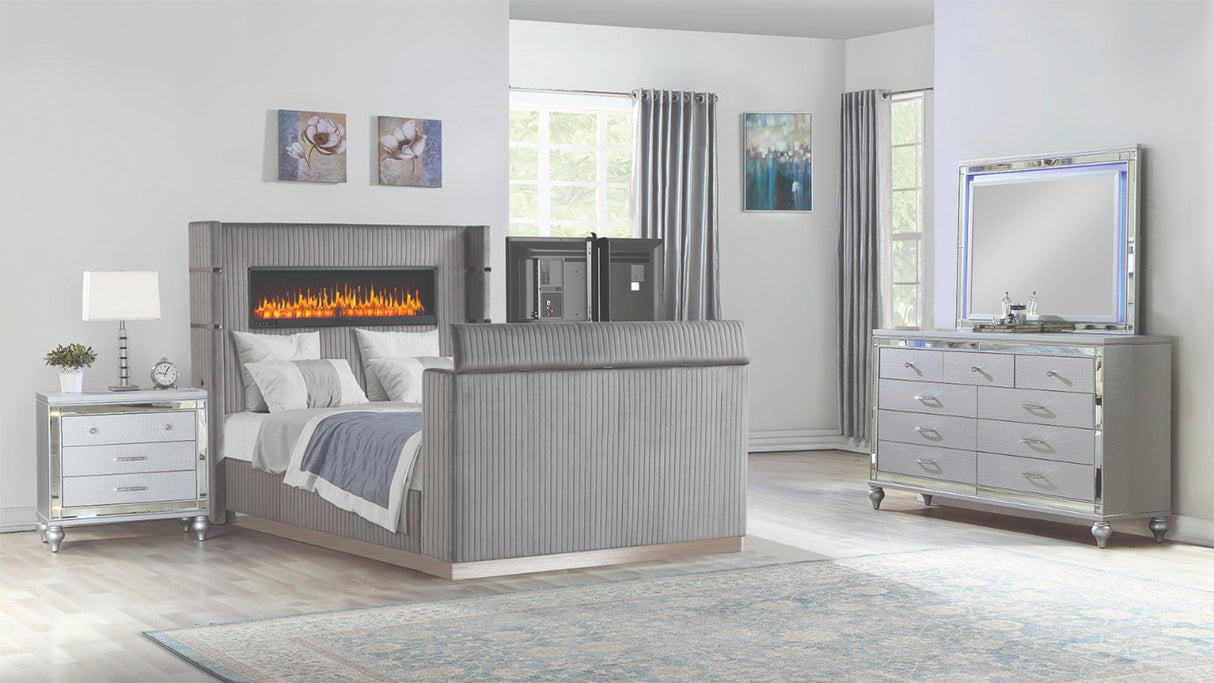 Lavish Modern Style 4 Pc Queen Bedroom Set Made with Fireplace in Headboard & TV stand in Footboard with Wood in Grey(CA INVENTORY)