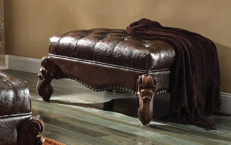 Acme - Versailles Ottoman 96538 Two Tone Dark Brown Synthetic Leather & Cherry Oak Finish