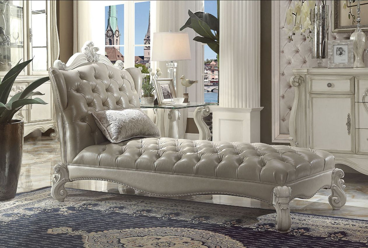 Acme - Versailles Chaise W/Pillow 96542 Vintage Gray Synthetic Leather & Bone White Finish