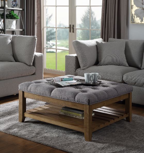Aizen Cocktail Ottoman 96558 Gray Fabric & Weathered Oak Finish | Acme | Home Elegance USA