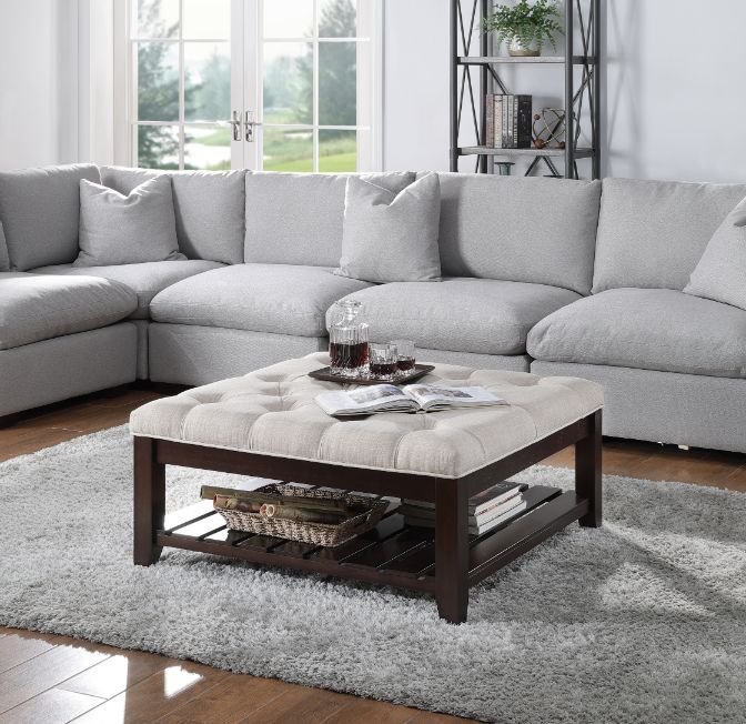 Aizen Cocktail Ottoman 96562 Beige Fabric & Espresso Finish | Acme | Home Elegance USA