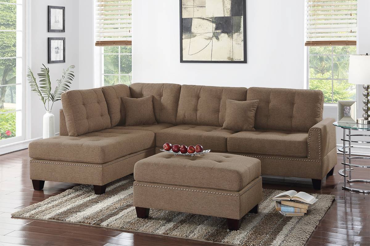 Modern Coffee Color 3pcs Sectional Living Room Furniture Reversible Chaise Sofa And Ottoman Tufted Polyfiber Linen Like Fabric Cushion Couch Pillows - sold by Home Elegance USA