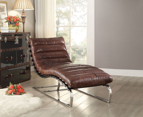 Acme - Qortini Chaise 96670 Vintage Dark Brown Top Grain Leather & Stainless Steel