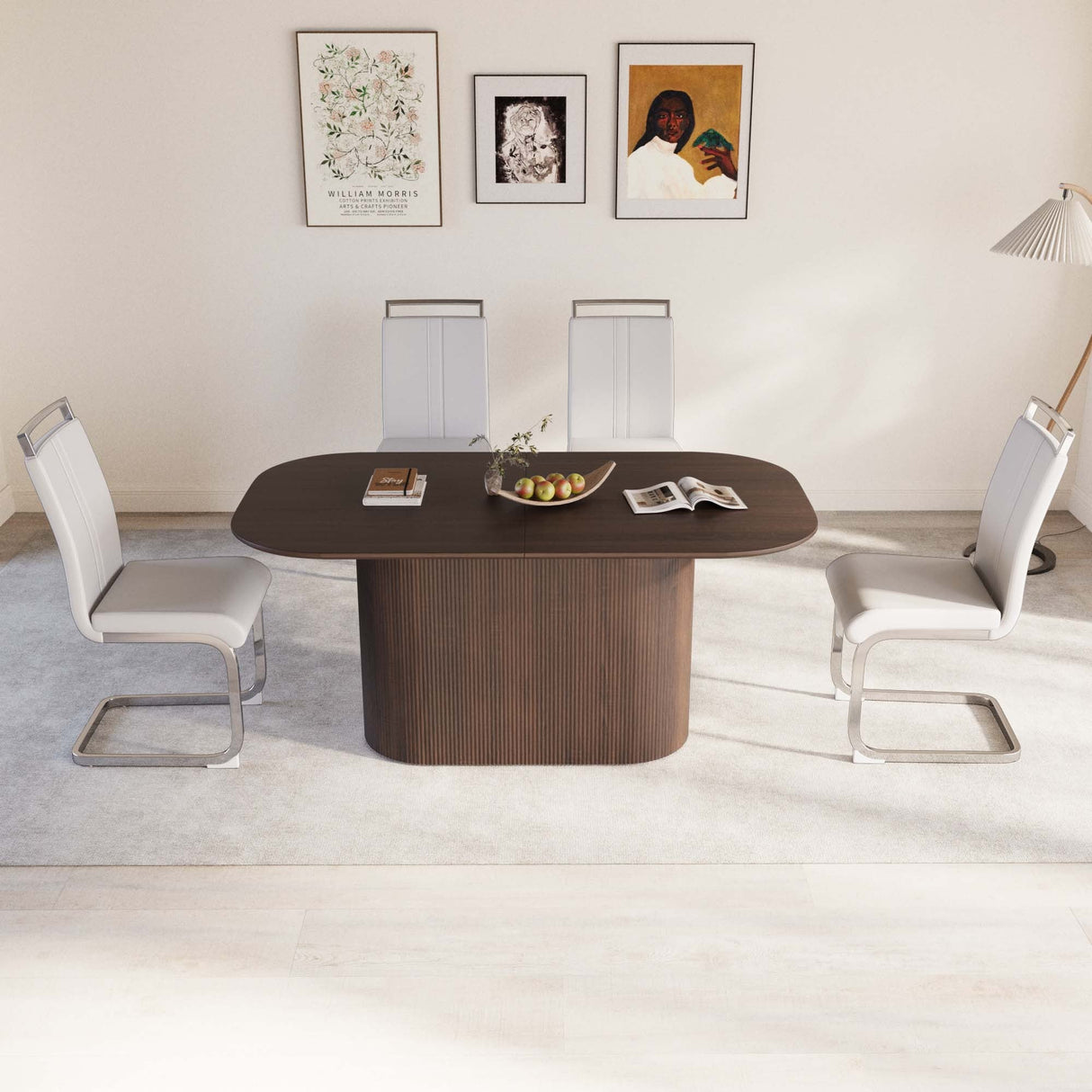 63 'medieval modern brown style MDF dining table and PU armless dining chair set 4. Assemble Desktop and Silver plated metal leg dining chair set, suitable for home&kitchen - sold by Home Elegance USA