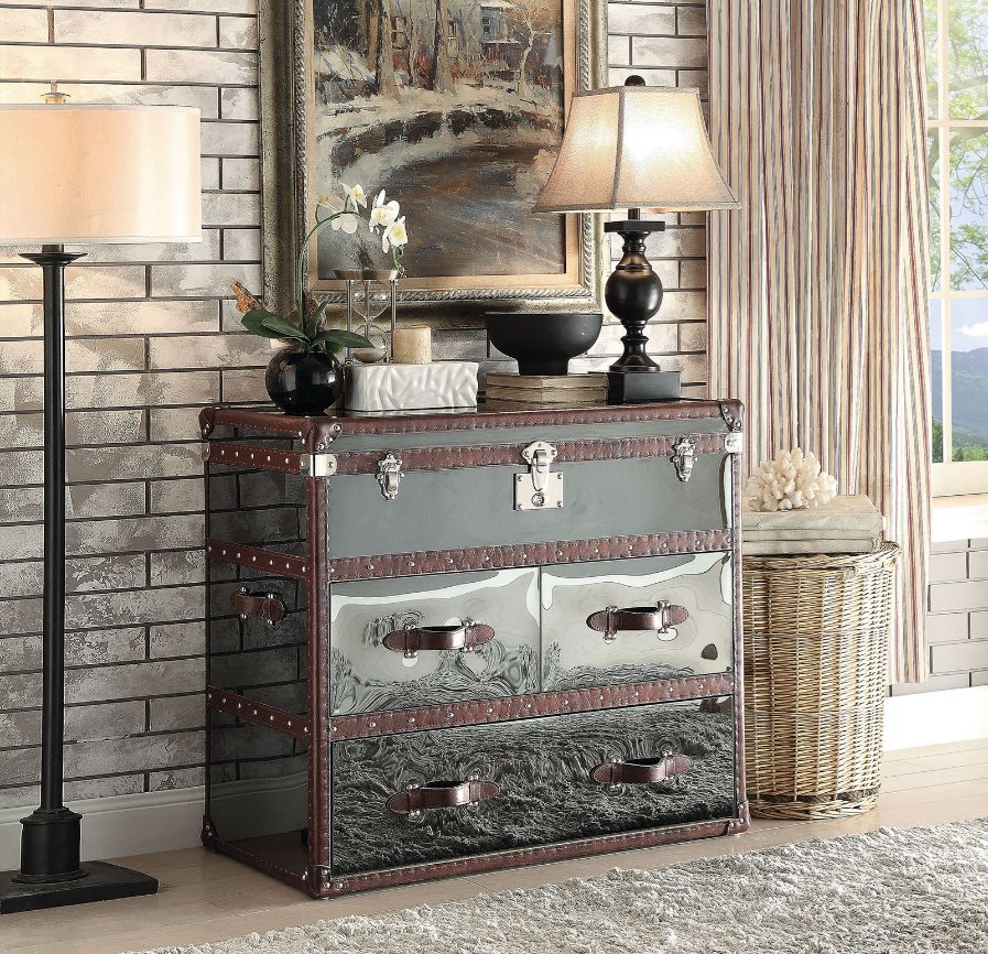 Aberdeen Console Cabinet 97154 Vintage Dark Brown Top Grain Leather & Stainless Steel | Acme | Home Elegance USA
