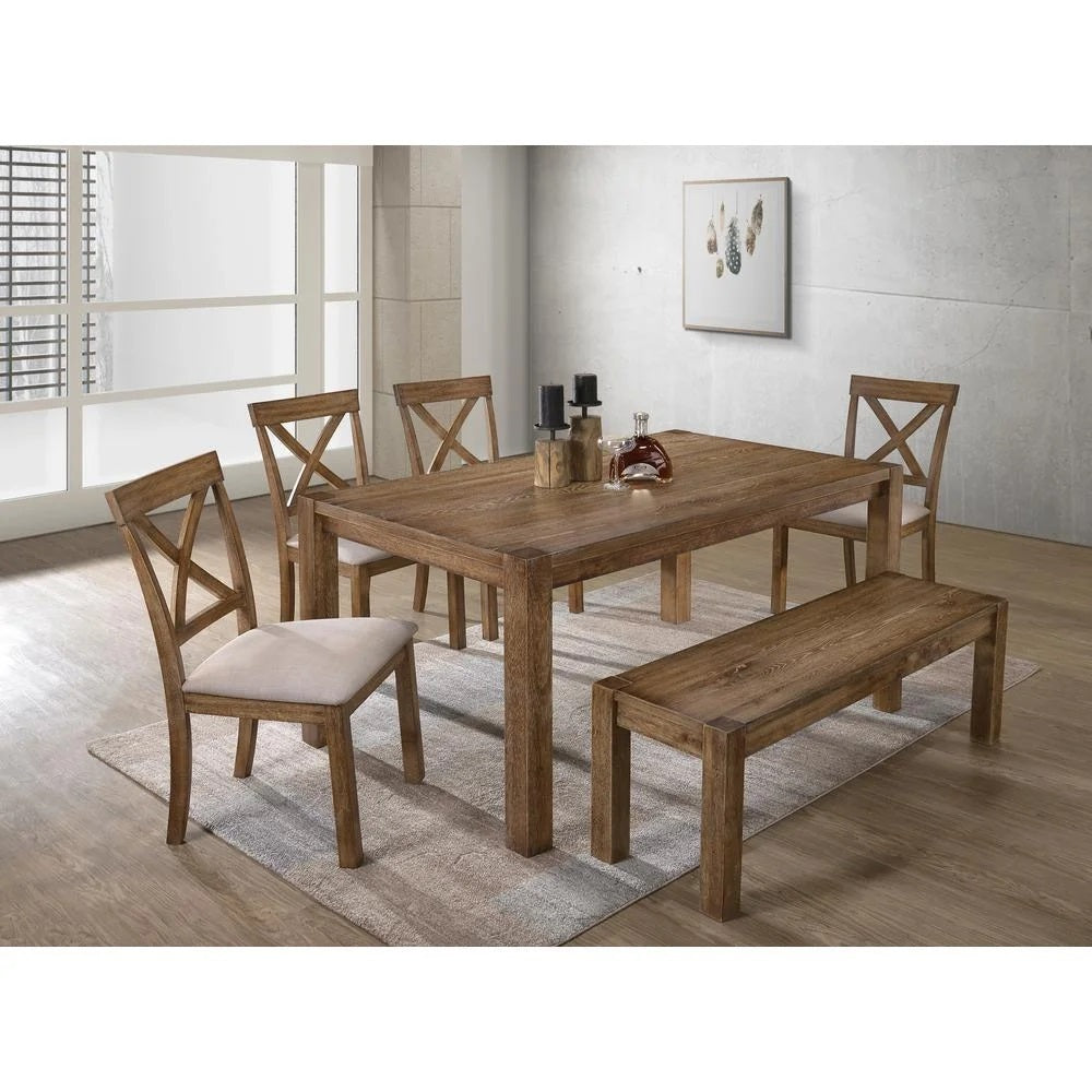 Transitional 6 Pieces Driftwood Dining Set, Antique Oak Wood Finish Dining Table Bench and 4 side Chairs with Open X-Back, Cushion, Natural Oak