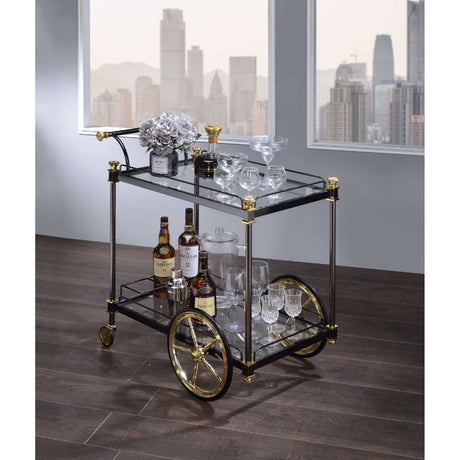 Acme - Cyrus Serving Cart 98370 Clear Glass & Black/Gold Finish