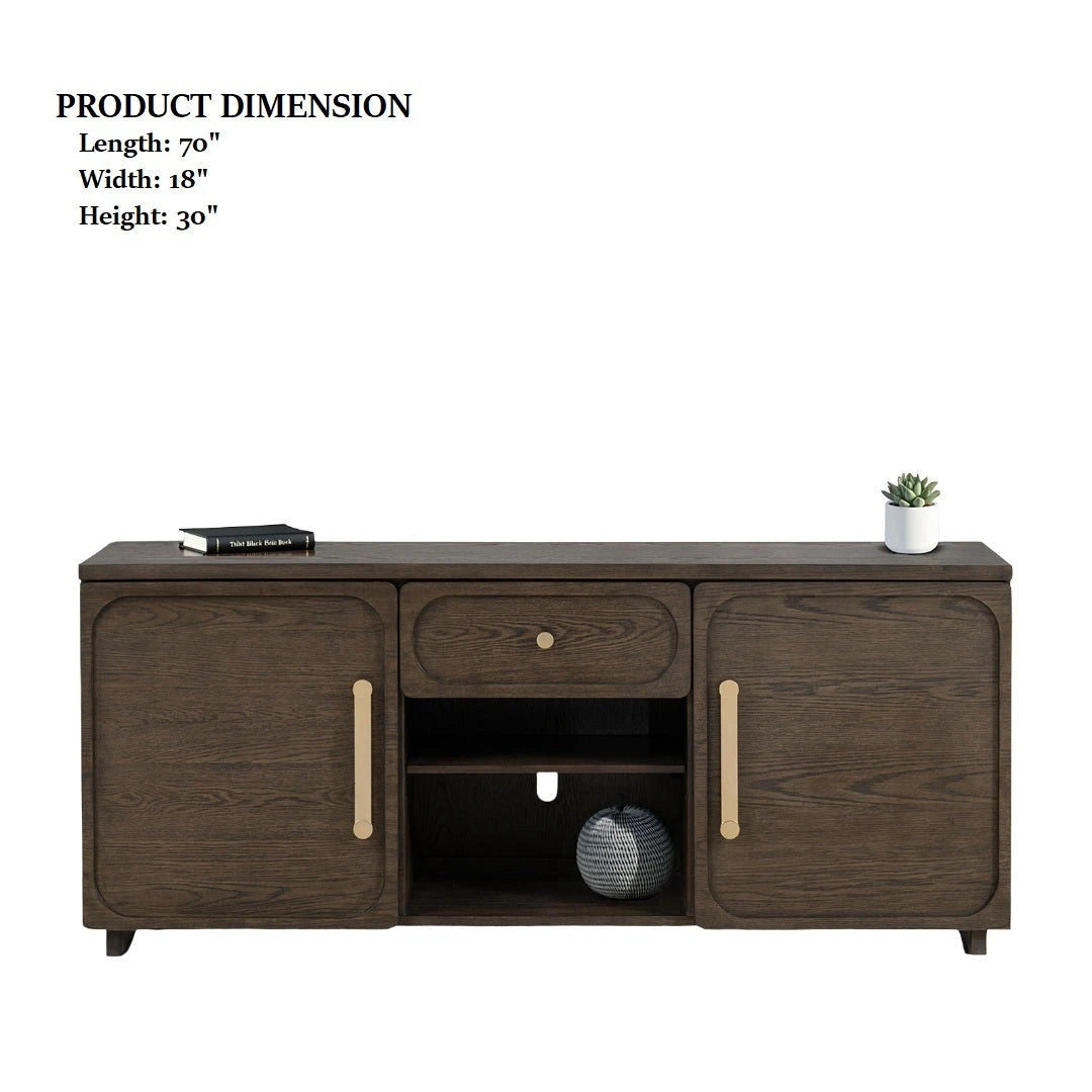 Transitional Style 1pc TV Console Gold Handles And Knob Recessed Panels Dark Walnut Finish - sold by Home Elegance USA