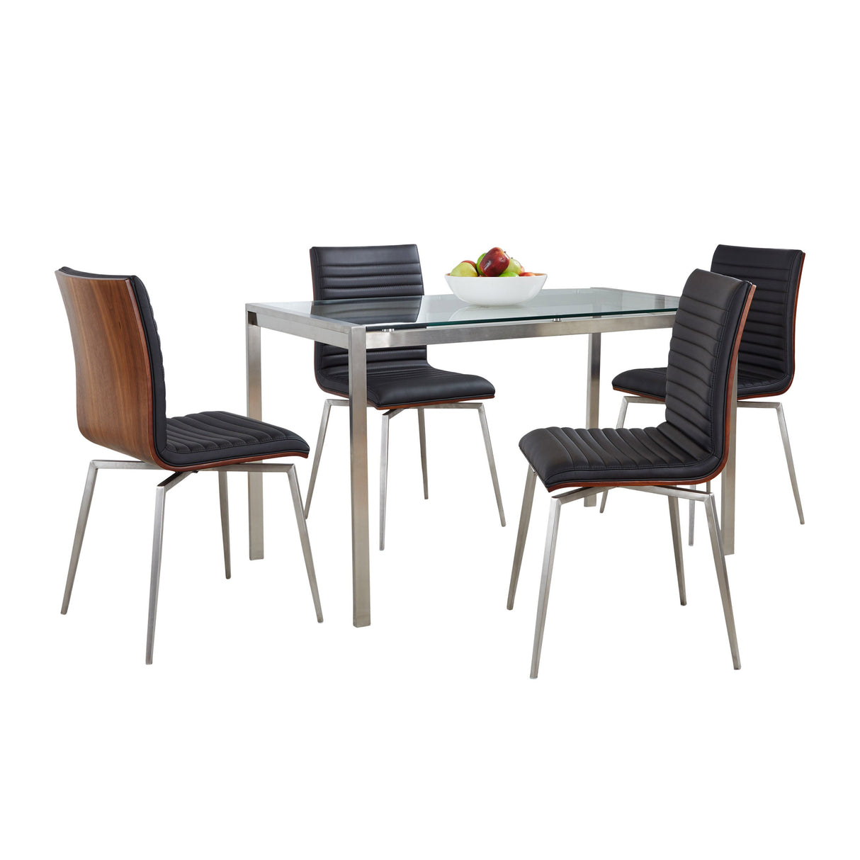 Fuji-Mason Swivel Contemporary Dining Set Dining Set in Brushed Stainless Steel, Clear Glass, Walnut Wood and Black Faux Leather by LumiSource - 5 Piece - sold by Home Elegance USA