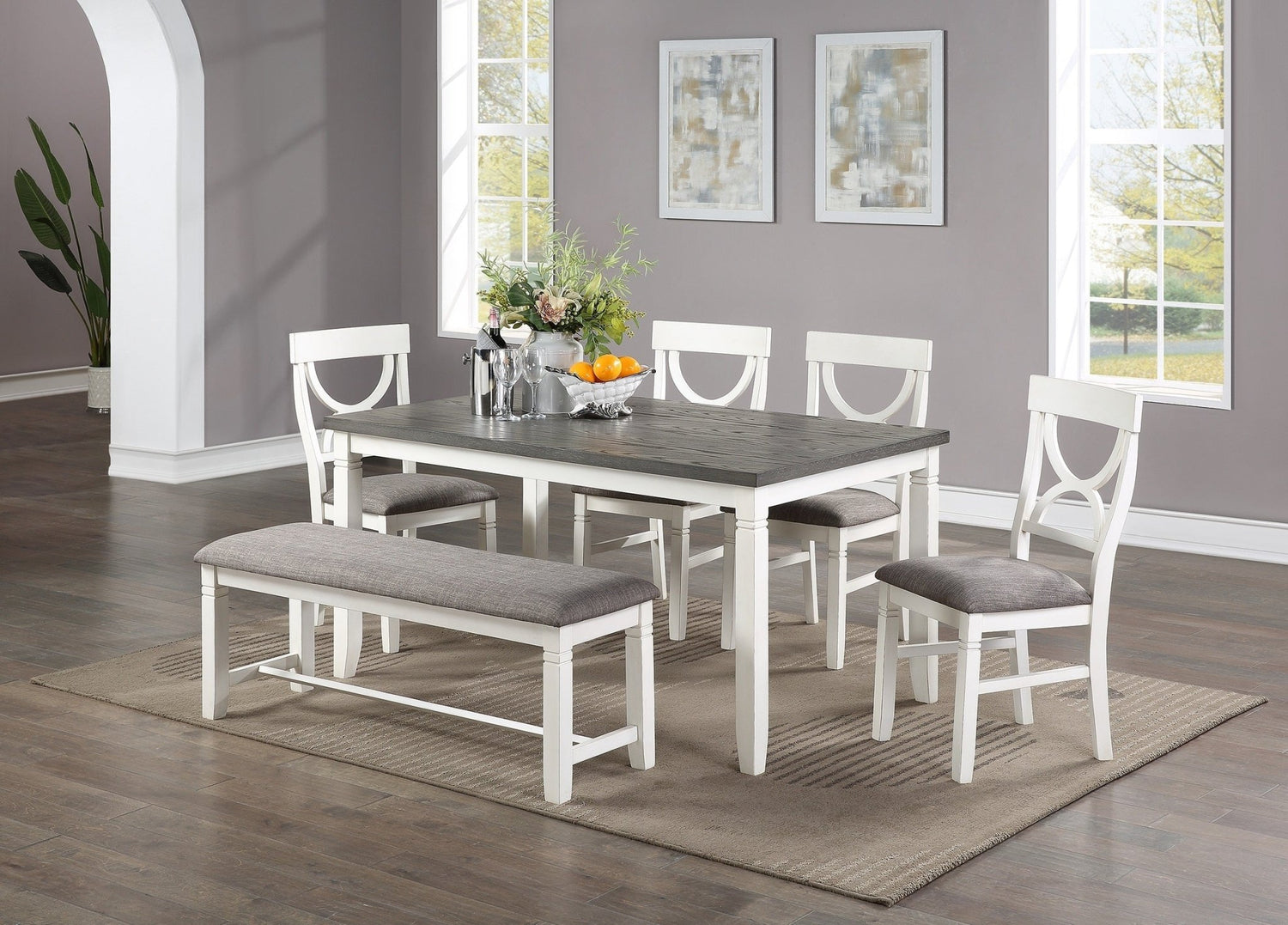 Dining Room Furniture White 6pc Dining Set Table 4 Side Chairs and A Bench Rubberwood MDF | Home Elegance USA