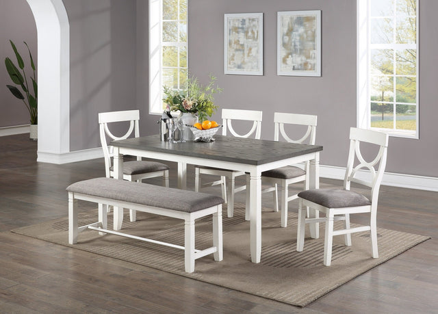 Dining Room Furniture White 6pc Dining Set Table 4 Side Chairs and A Bench Rubberwood MDF | Home Elegance USA