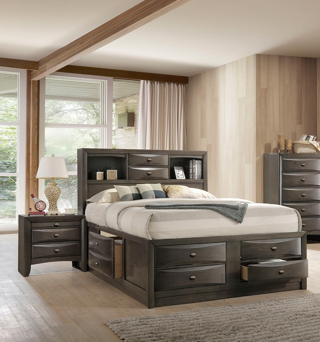 Contemporary Queen Size Bed 2x Nightstands Headboard Bookcase Gray Color 3pc Set Bedroom Furniture
