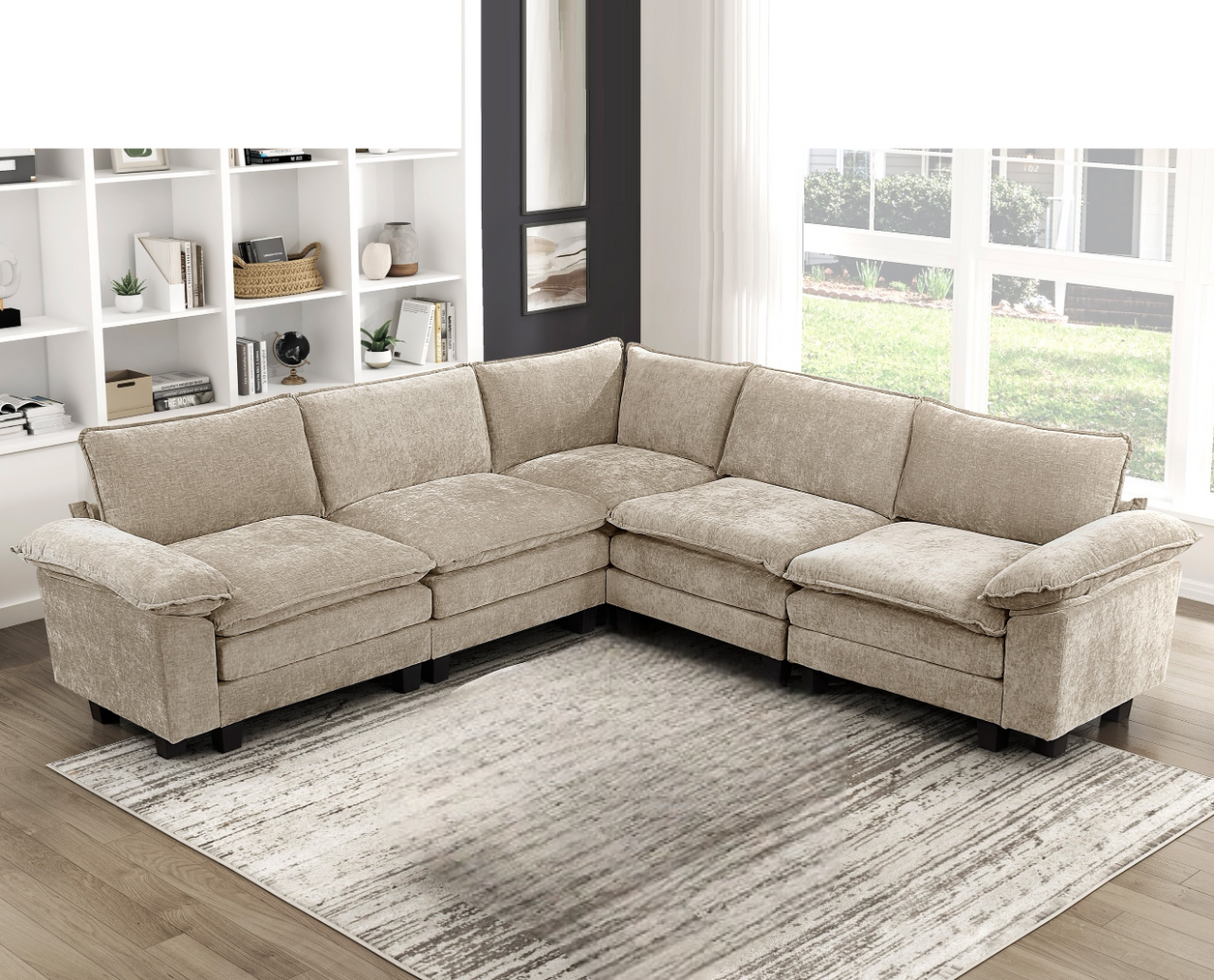Modern Contemporary 5-Piece Modular Sectional Sofa Set Plush Comfort Taupe Chenille Upholstery Living Room Furniture Durable Plywood