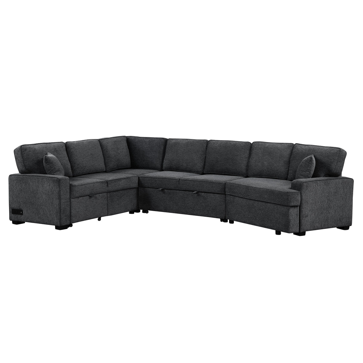 Modern L-shaped Sofa Sectional with Pull-out Bed, Charging Devices, Cup Holders, Blue Black Chenille, 126 inches