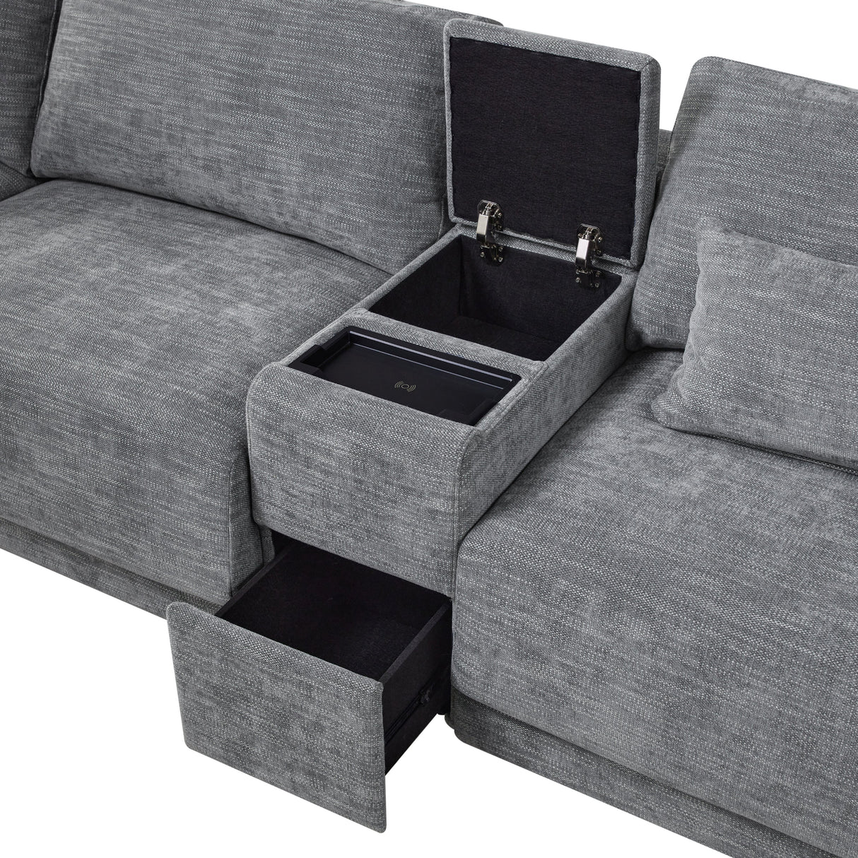 124'' L-Shaped Sectional Sofa with Multi-Functional Storage Console, Wired&Wireless Charger, Movable Ottoman, Wider&Thicker Cushion, Free Combination for Living Room&Apartment, Chenille - sold by Home Elegance USA