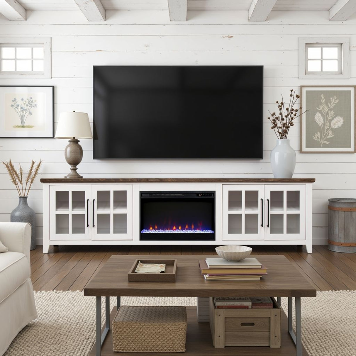 Providence 96 inch Fireplace TV Stand, For TVs up to 100 inches, Minimal Assembly Required, White and Bourbon Finish