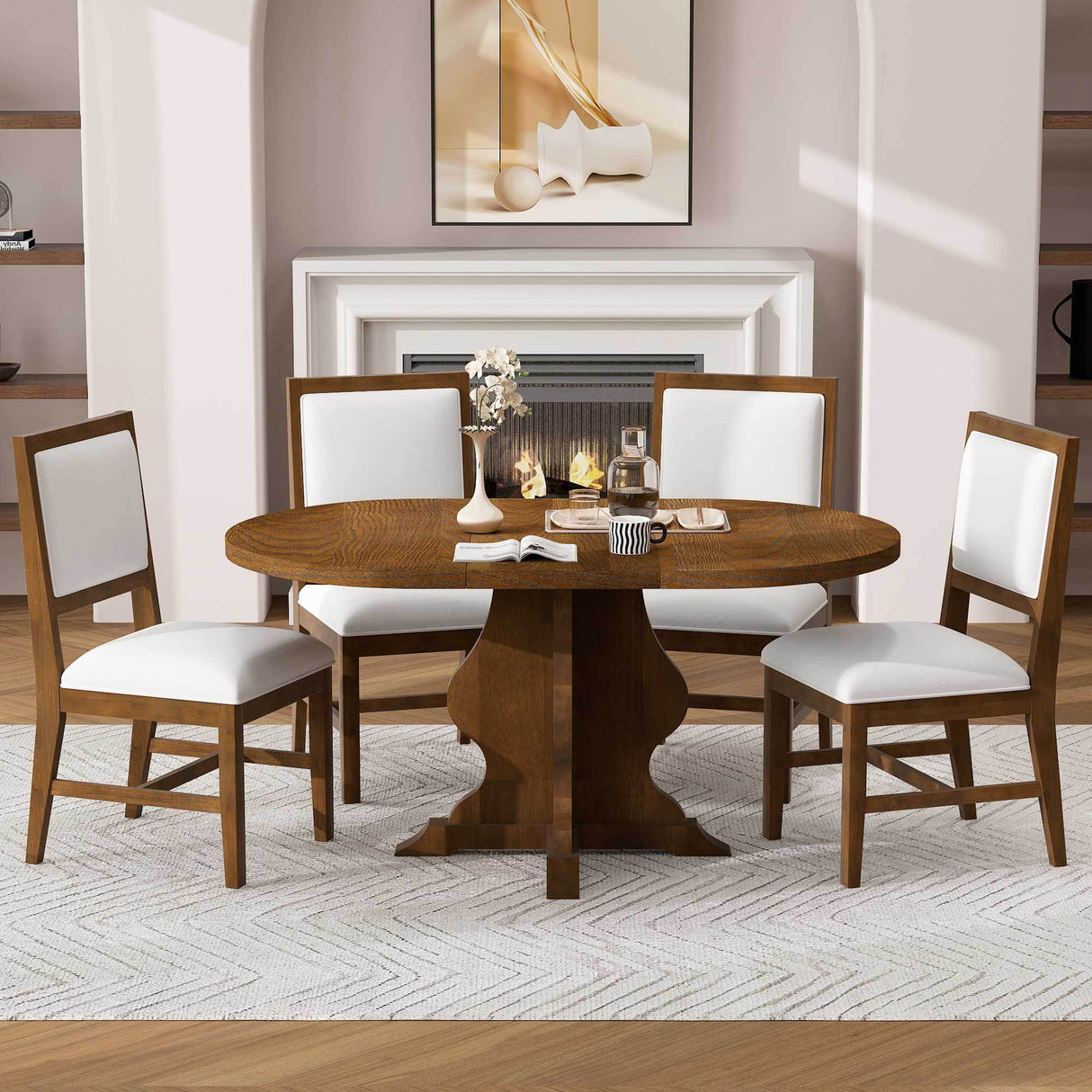 TREXM Farmhouse 5-Piece Dining Table Set with 4 Upholstered Chairs, Wood Extendable Dining Table with 15.7' Leaf for Extra Seating for Dining Room, Kitchen and Living Room (Brown) - sold by Home Elegance USA