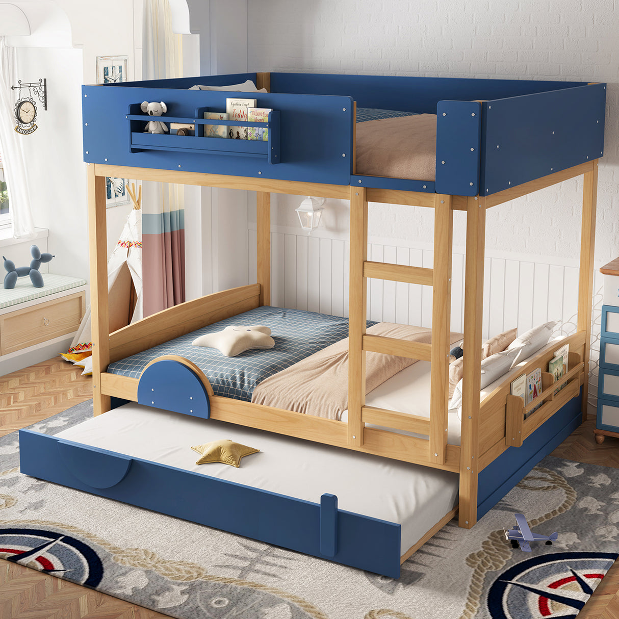 Full Bunk Bed with Trundle , Wood Bunk Bed Frame with Built-inBookshelf and High-quality Safety Guardrail,Automobile Form Design for Kids ,Blue&Natural.