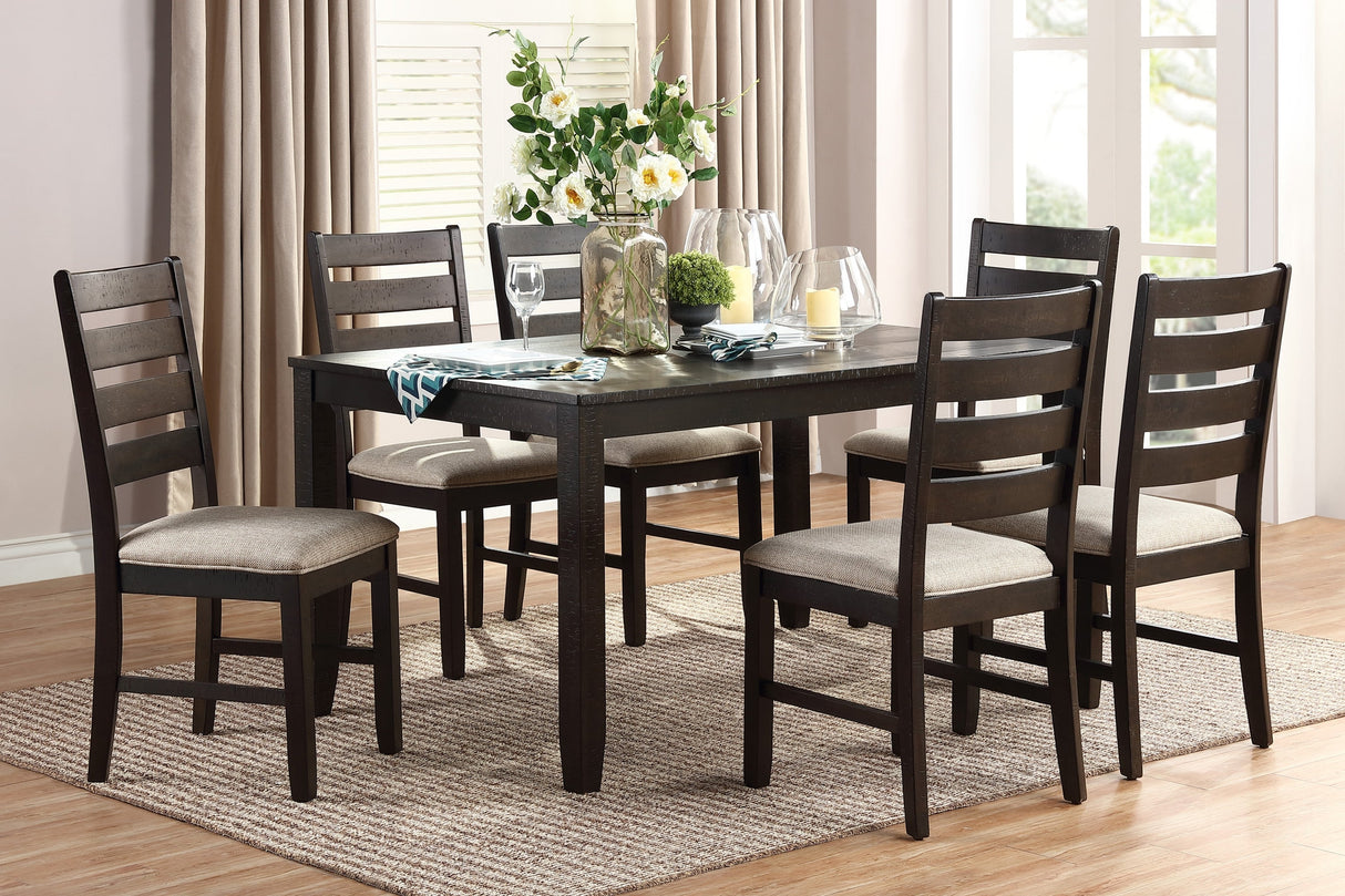 7pc Dining Set Brown Finish Table and 6 Side Chairs Beige Upholstery Seat Ladder Back Wooden Kitchen Dining Furniture - sold by Home Elegance USA