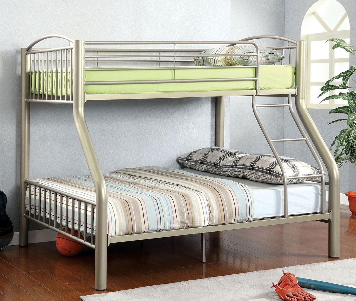 Twin Over Full Metal Bunk Bed Contemporary Style Bold Diameter Tube Rails Metallic Gold - sold by Home Elegance USA