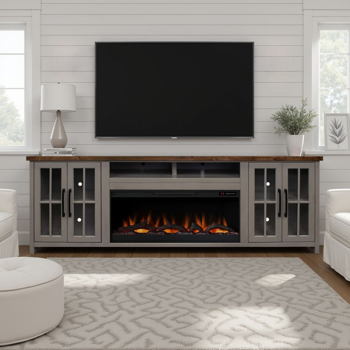 Avalon 97 inch Fireplace TV Stand Console for TVs up to 100 inches, Sandstone and Whiskey Finish