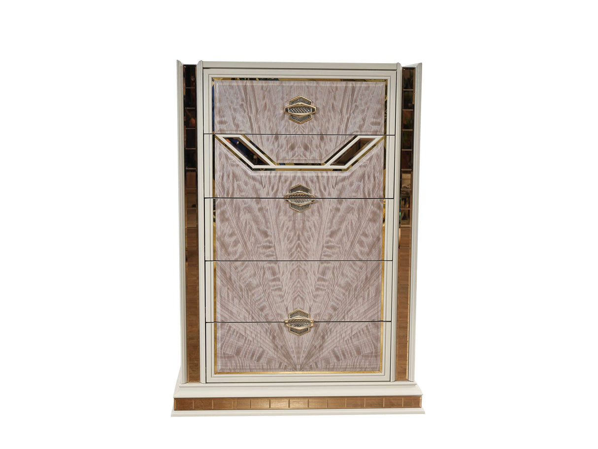 Omari Modern Style 5-Drawer Chest Made with Wood and Gold Accents in Beige same asG150109295 (NJ inventory)