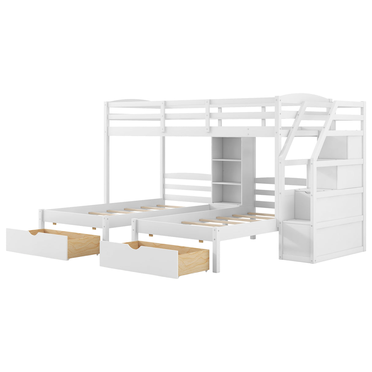 Twin over Twin&Twin Bunk Bed, Triple Bunk Bed with Drawers, Staircase with Storage, Built-in Shelves, White - sold by Home Elegance USA