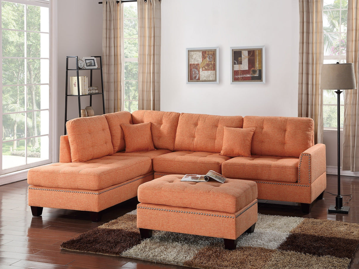 Modern Citrus Color 3pcs Sectional Living Room Furniture Reversible Chaise Sofa And Ottoman Tufted Polyfiber Linen Like Fabric Cushion Couch Pillows - sold by Home Elegance USA