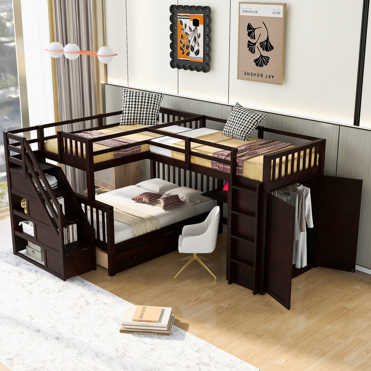 Twin-Twin over Full L-Shaped Bunk Bed With 3 Drawers, Portable Desk and Wardrobe, Espresso(OLD SKU:LT100542AAP) - sold by Home Elegance USA