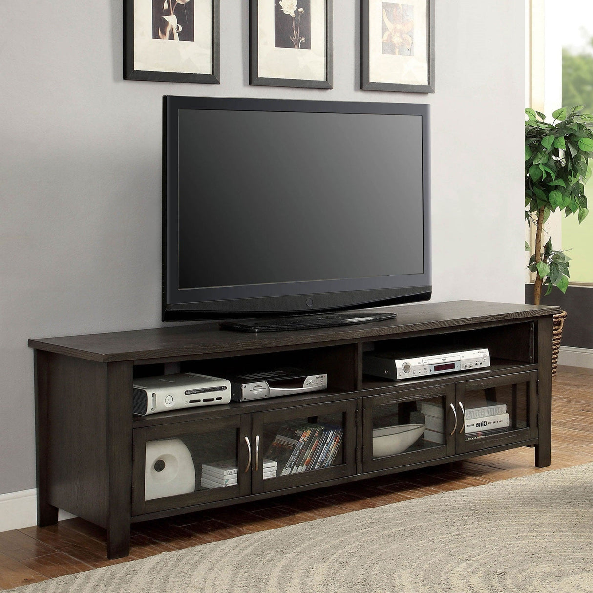 Transitional Style TV Console Base With Dual Cabinet And Two Open Shelves 3mm Tempered Glass On Cabinet Doors Rear Wearing Access Gray Finish - sold by Home Elegance USA