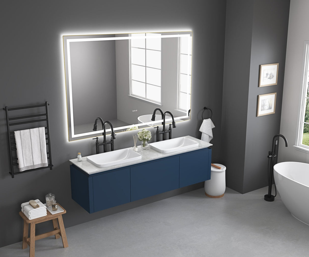 84in. W x 48in. H Oversized Rectangular Black Framed LED Mirror Anti - Fog Dimmable Wall Mount Bathroom Vanity Mirror HD Wall Mirror Kit For Gym And Dance Studio 48X 72Inches With Safety Ba | Home Elegance USA