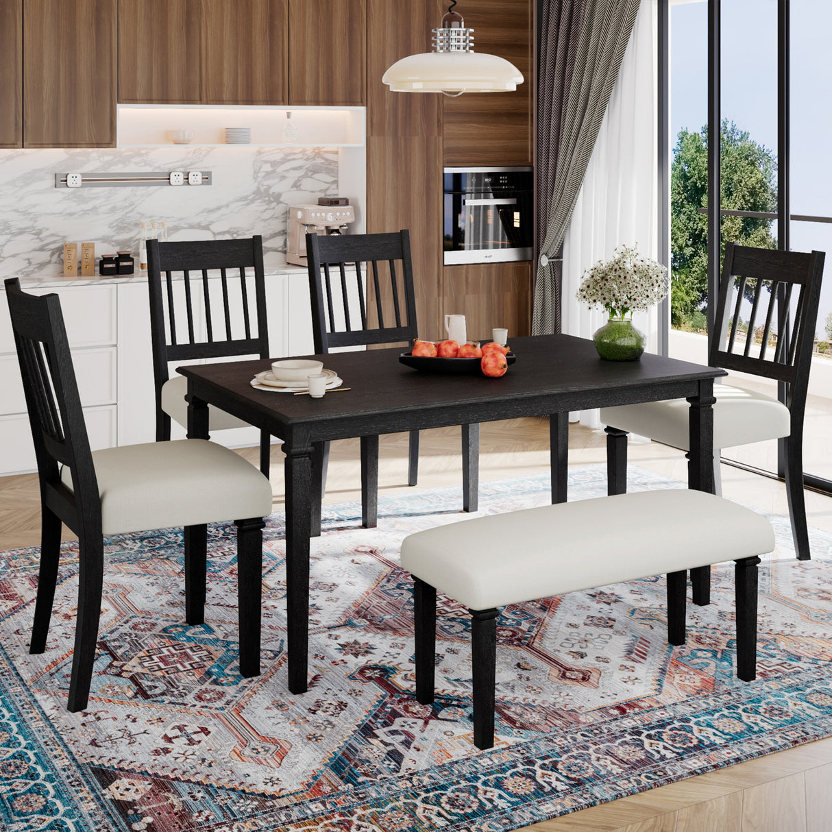 6-Piece Retro Dining Room Set, Classic Kitchen Furniture Set, Wooden Rectangular Table and 4 Chairs with Bench for kitchen & Dining Room (Easy Assembly, Space Saving)(DOVETAIL GREY) - sold by Home Elegance USA