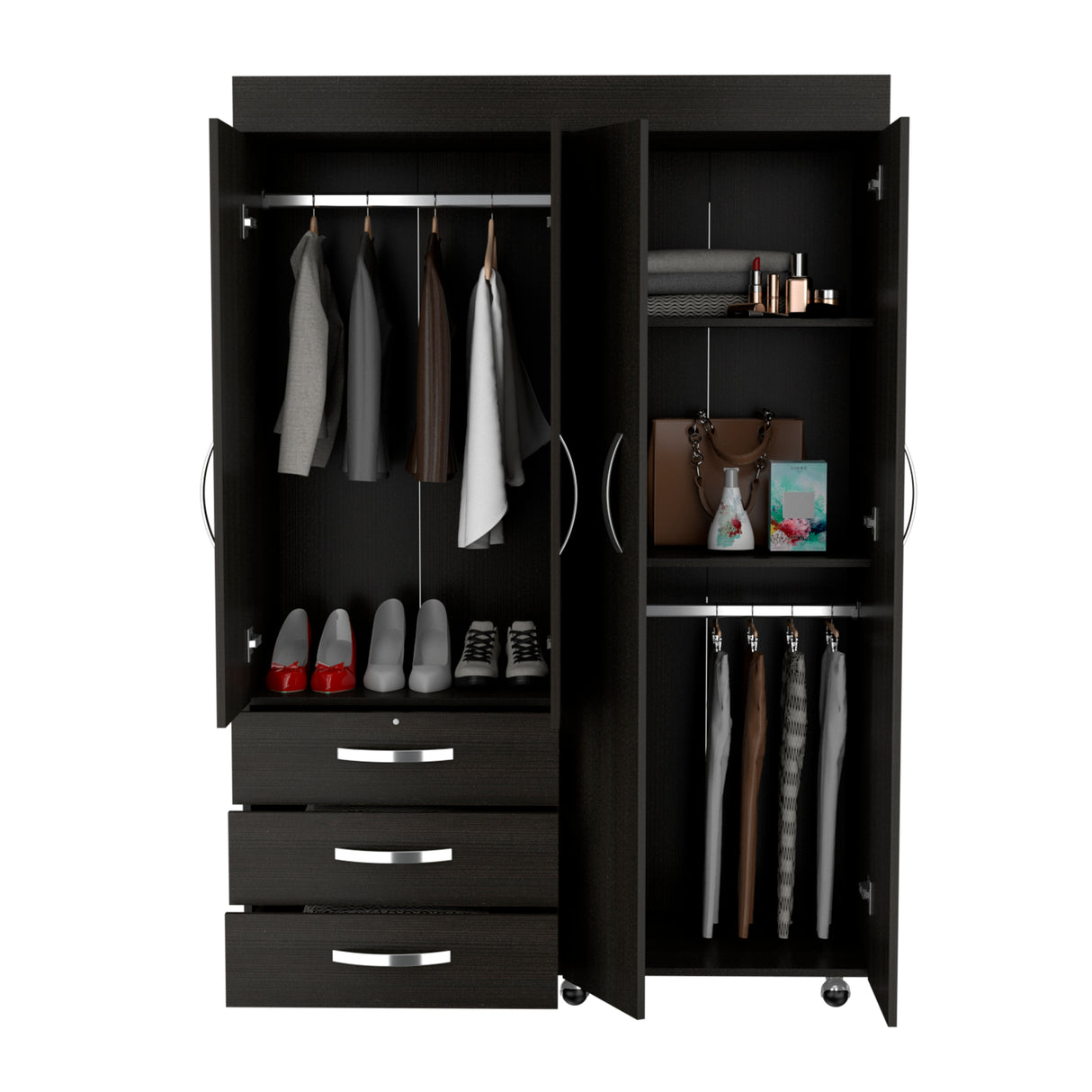 Hamilton Mobile Armoire, 4-Doors Cabinet, Three Drawers, Rods, Four Shelves, Black Wengue - Bedroom - sold by Home Elegance USA