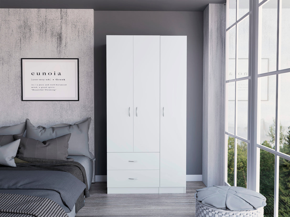 Bosko 3 Doors Armoire, Two Drawers, Metal Rod, White -Bedroom - Home Elegance USA